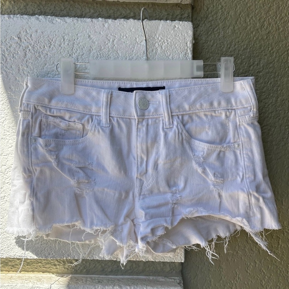 Express White Distressed Shortie Stretch Low Rise Denim Shorts